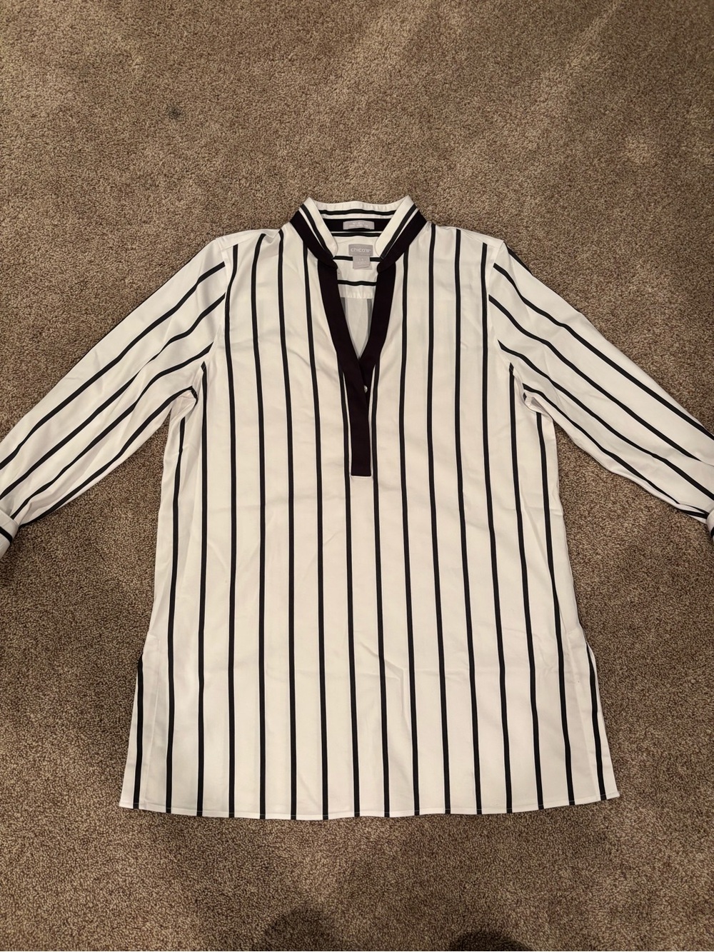Chico's White Tunic with Black Vertical Stripes